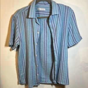 Zara Blue and White Casual Button Down Shirt